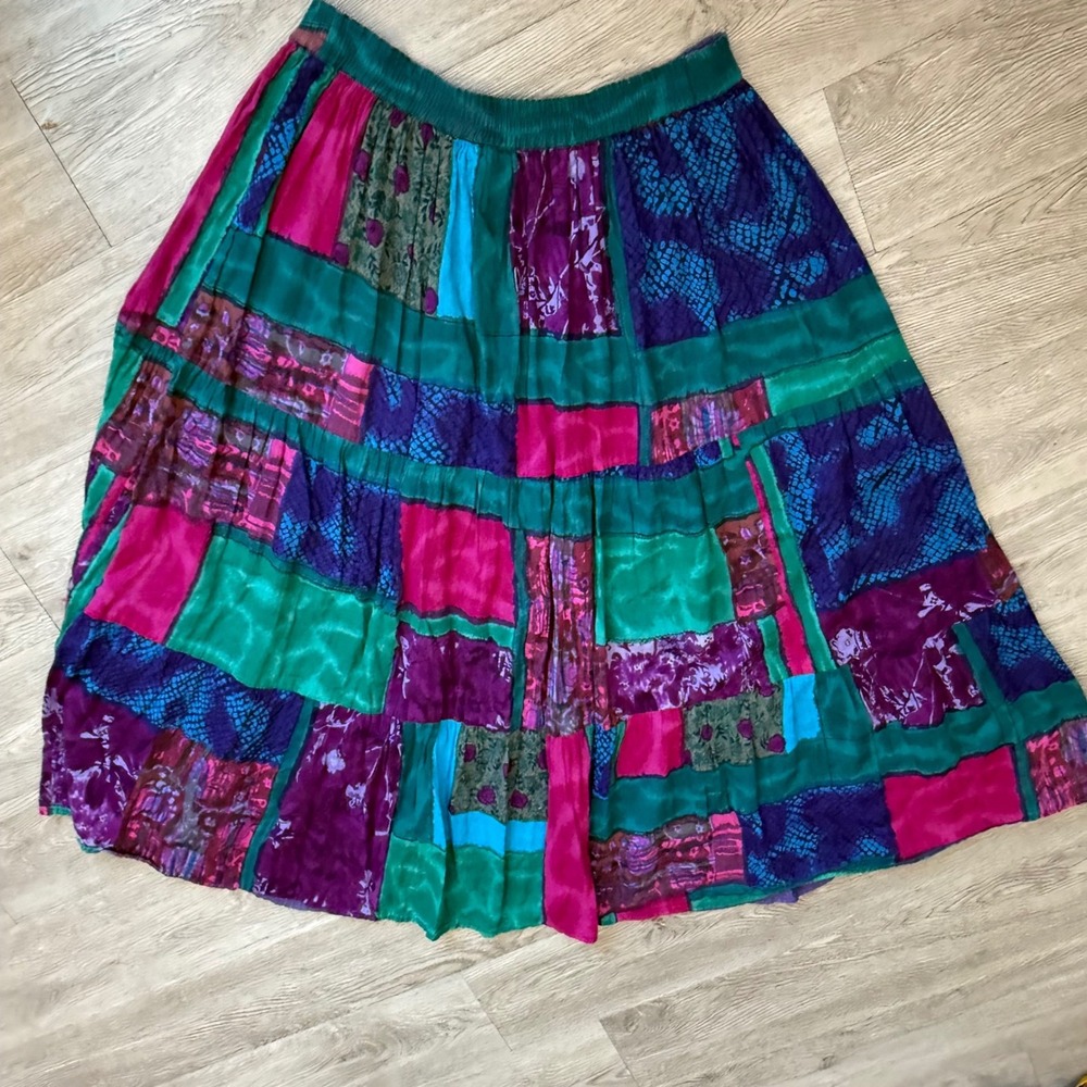 Vintage Patchwork Broomstick Maxi Skirt Cotton Jewel Tone Boho‎ Purple Pink L